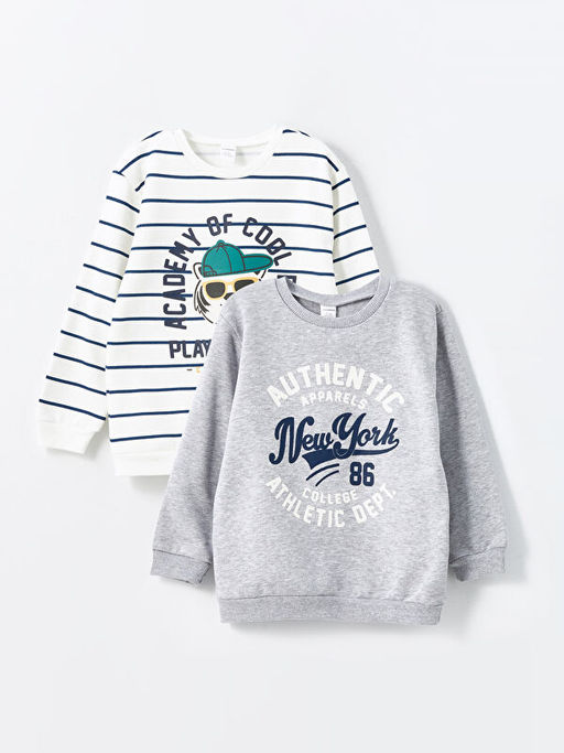 Bisiklet Yaka Uzun Kollu Bask?l? Erkek Bebek Sweatshirt 2li