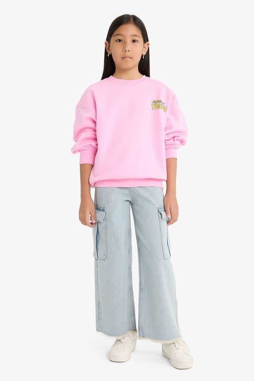 Oversize Geni_ Kal_p Bisiklet Yaka S_rt Bask_l_ __i Yumu_ak T_yl_ Sweatshirt K_z _ocuk - Defacto фото 2