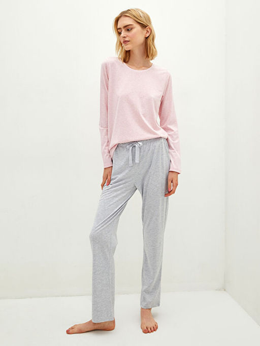 Bisiklet Yaka D?z Uzun Kollu Kad?n Pijama Tak?m?