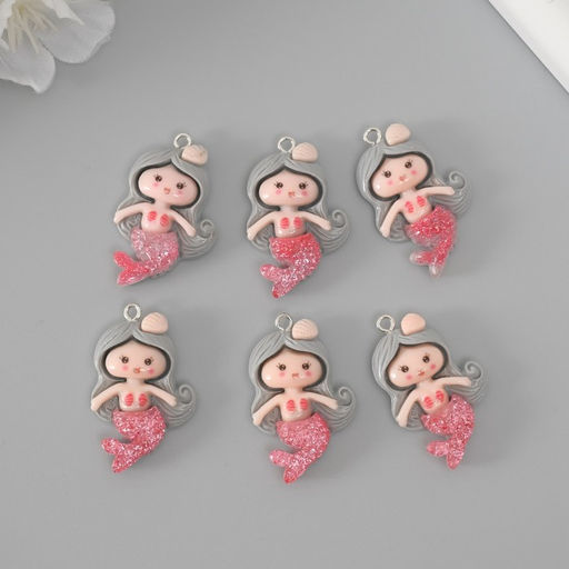 Цена за 6 шт. Подвеска для творчества пластик Русалочка с серыми волосами, 3.42.10.6 см - Арт узор фото 3