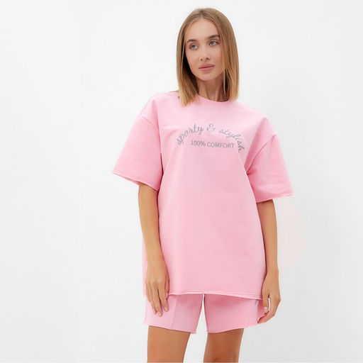 Костюм женский (футболка, шорты) MINAKU: SPORTY & STYLISH, светло-розовый, размер 46