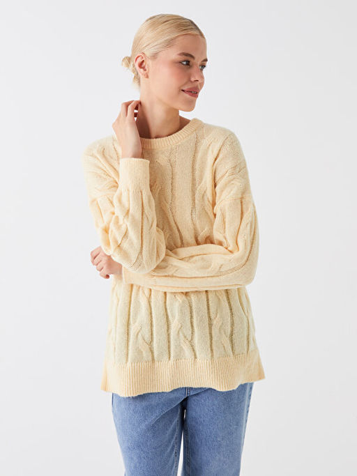 Bisiklet Yaka Kendinden Desenli Uzun Kollu Oversize Kad?n Triko Tunik