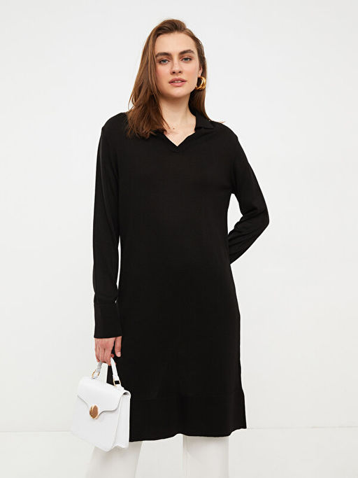 Polo Yaka D?z Uzun Kollu Kad?n Triko Tunik