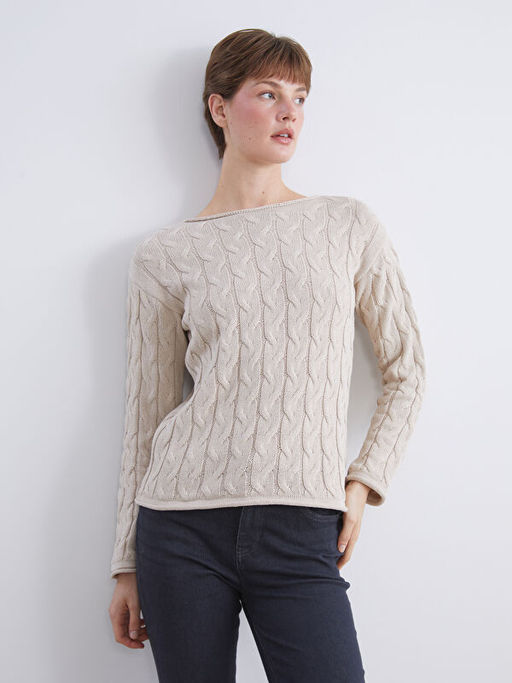 Kay?k Yaka Kendinden Desenli Kad?n Triko Kazak