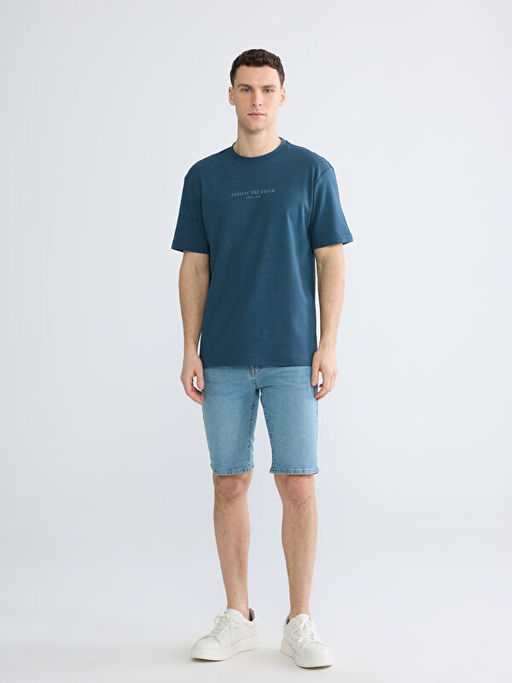 Oversize Fit Bisiklet Yaka Bask?l? Erkek Ti??rt