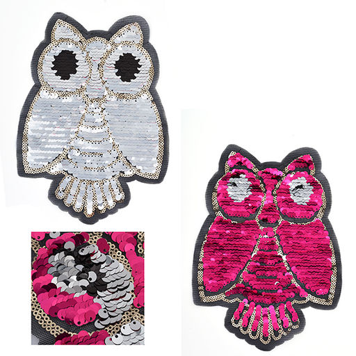 Аппликации пришивные арт.TBY.FLA09 СОВА с двусторонними пайетками 14х20см цв.серебро уп.2 шт