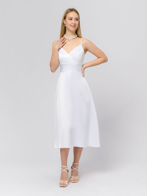 Платье белого цвета длины миди на бретелях с глубоким вырезом - 1001dress фото 3