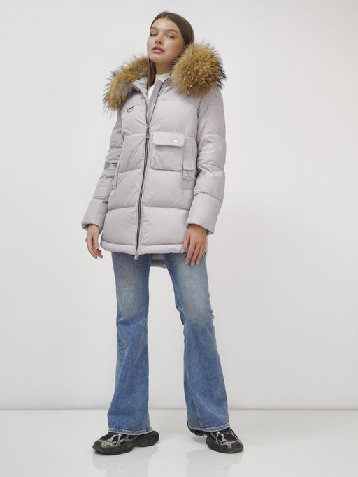 Куртка Бренд Visdeer ПРЕМИУМ КЛАССА зимняя с мехом ЕНОТА, светло-серого цвета  фото 14