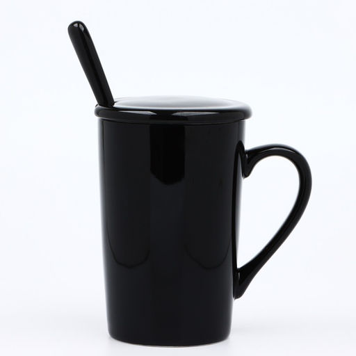 Кружка с ложкой и крышкой Настоящему 100% мужчине, 420 мл, чёрная