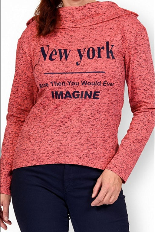 Толстовка с капюшоном, футер с лайкрой, принт New York, коралл (281-1) - Плиона фото 4