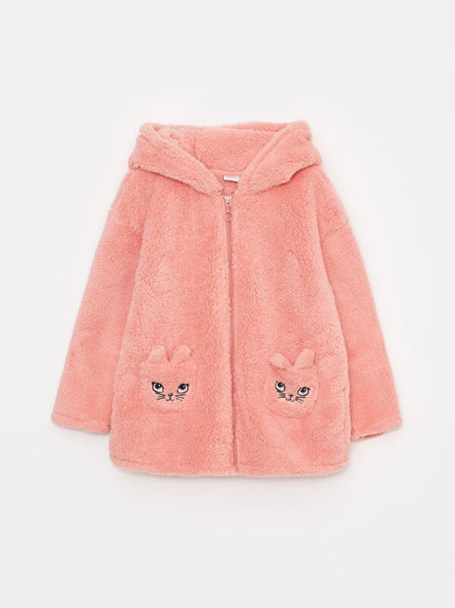 Kap??onlu Nak??l? Uzun Kollu Pel?? K?z ?ocuk Fermuarl? Sweatshirt