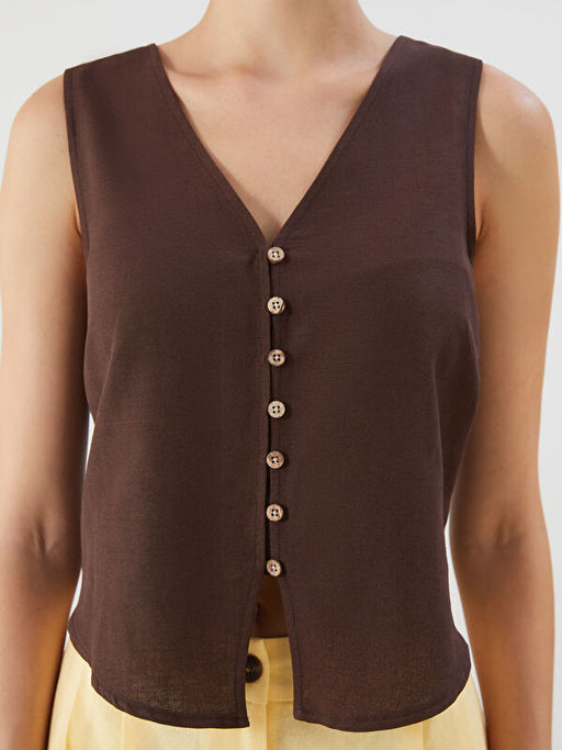 V Yaka Keten Kar???ml? Kad?n Klasik Yelek