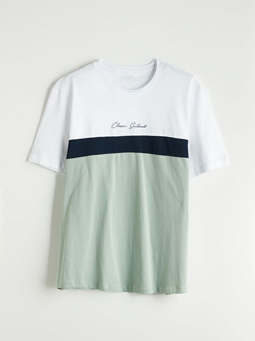 Bisiklet Yaka Renk Bloklu Penye Erkek Ti??rt