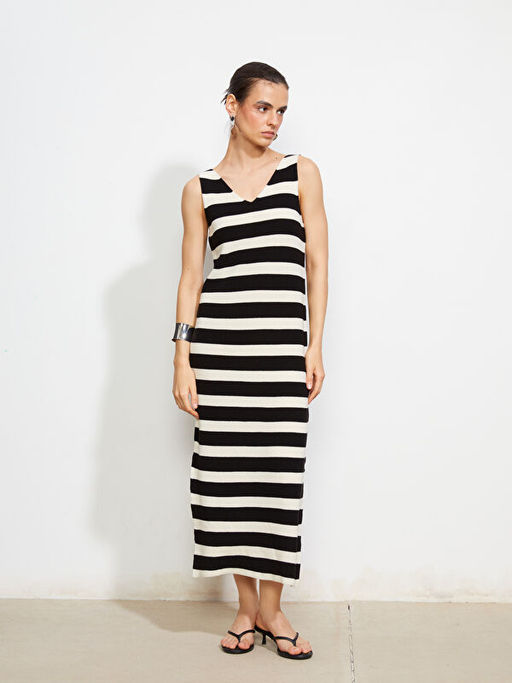 V Yaka ?izgili Kad?n Triko Elbise