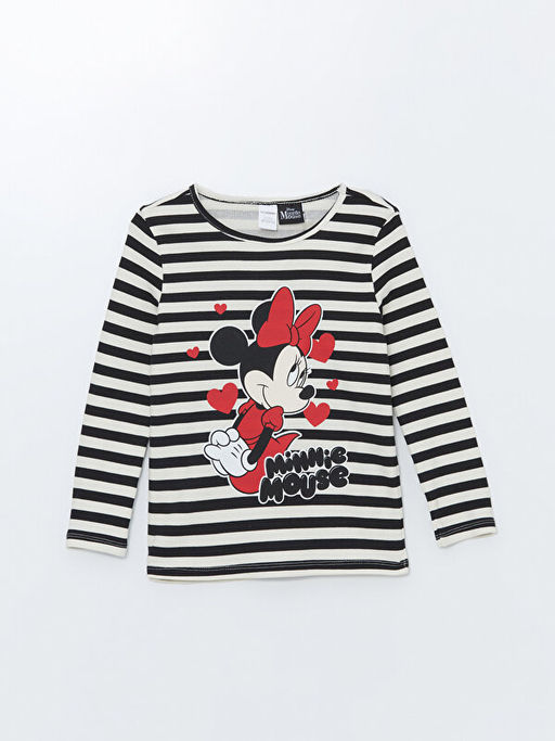 Bisiklet Yaka Uzun Kollu Minnie Mouse Bask?l? K?z ?ocuk Ti??rt