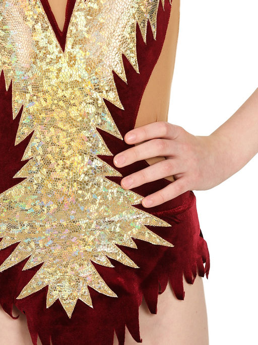 8842 Купальник для выступлений из бархата с юбочкой и аппликацией из голограммы