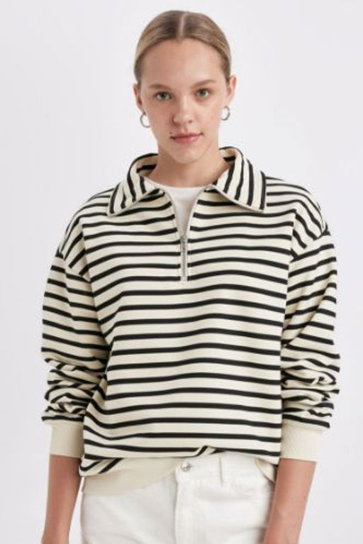 Regular Fit Dik Yaka Yar?m Fermuarl? Kal?n Cizgili Kal?n Sweatshirt