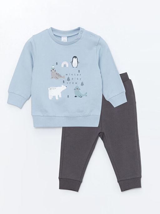 Bisiklet Yaka Bask?l? Erkek Bebek Sweatshirt ve E?ofman Alt 2li Tak?m