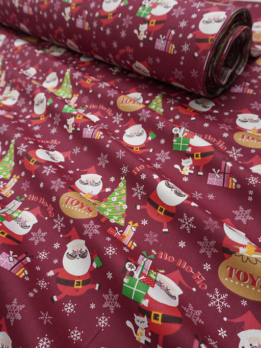 Сатин "Веселый Санта" цв.бордово-свекольный, ш.1.6м, хлопок-100%, 110гр/м.кв