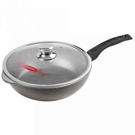 Сотейник с антипригарным покрытием д24см "Графит", h8,2см, s0,4см, ручка из термостойкого пластика, стеклянная крышка с пароотводом, подарочная упаковка (Россия)