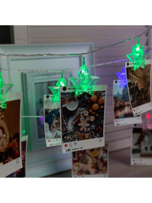 Гирлянда Нить 4.5 м с насадками Прищепки-звёзды, IP20, прозрачная нить, 20 LED, свечение мульти (RG/RB), мигание, 220 В - Luazon lighting фото 7