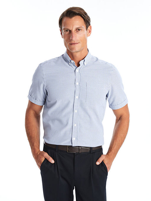 Regular Fit K?sa Kollu Ekose Poplin Erkek G?mlek