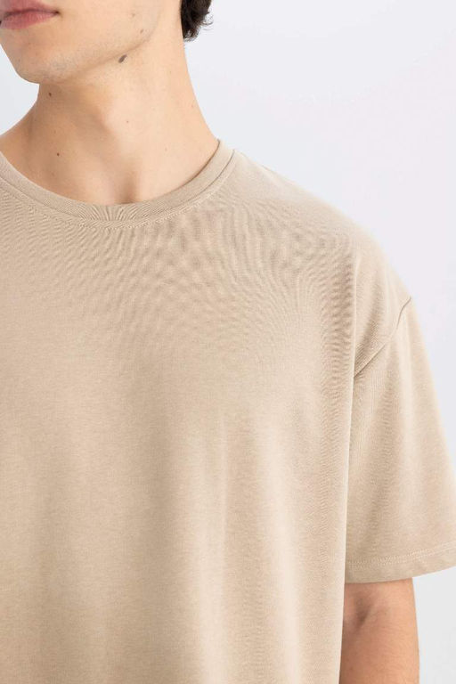 Мужская бежевая базовая футболка свободного кроя с широким вырезом и круглым вырезом из хлопка с короткими рукавами - Defacto фото 5