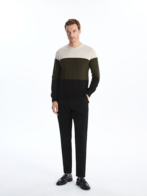 Bisiklet Yaka Uzun Kollu Renk Bloklu Erkek Triko Kazak