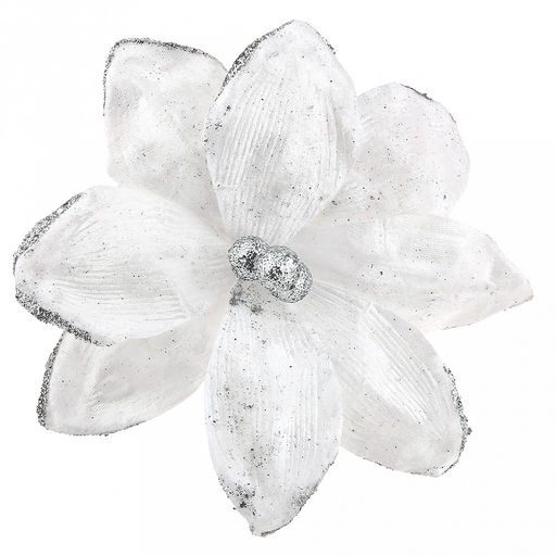 Декоративный цветок "Магнолия" д13см, h25см, для ветки, венка, с ножкой, пластик, бархат, белый (Россия)