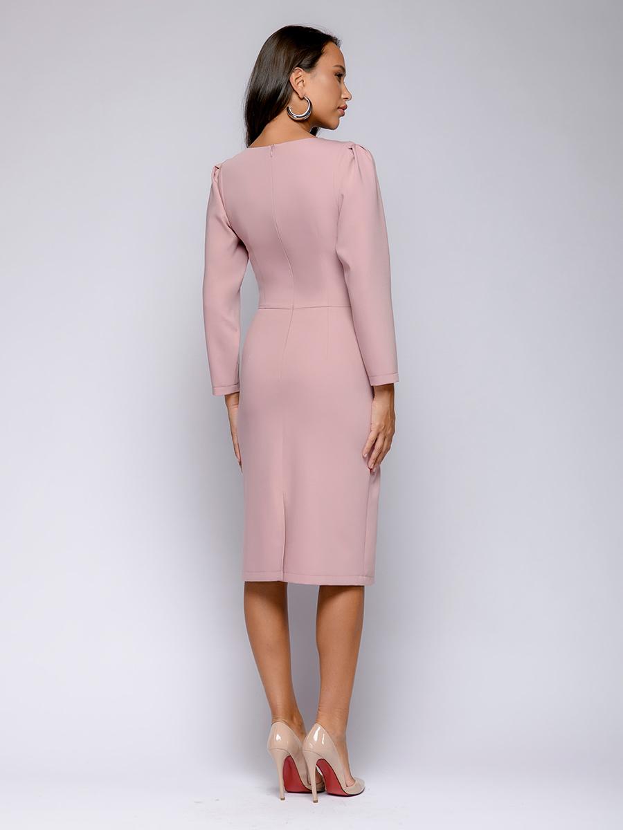 Платье розовое длины миди с асимметричным воротом и длинными рукавами - 1001dress фото 3