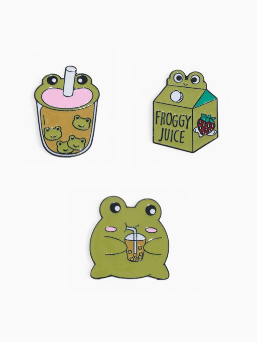 Набор значков (3 шт.) Лягушачьи напитки, цвет зелёный в чёрном металле
