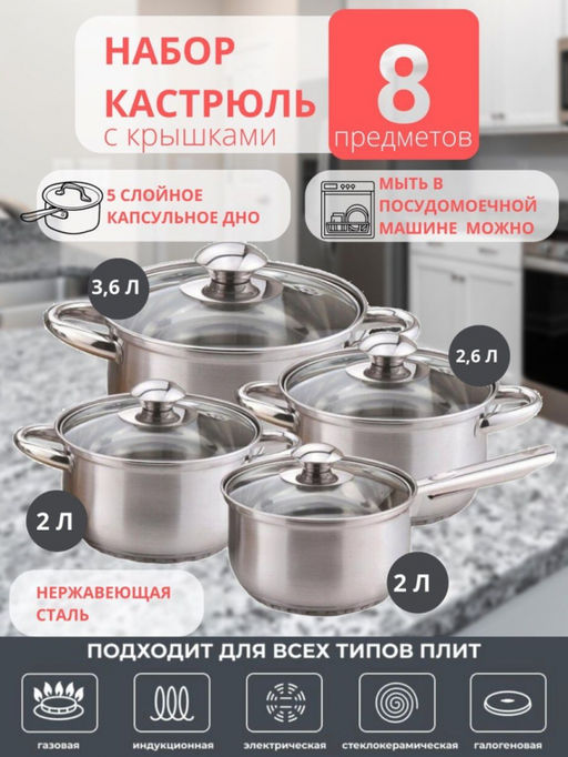 Набор посуды нерж. "Kelli" 8 пр со стекл. крышками, арт. KL-4202