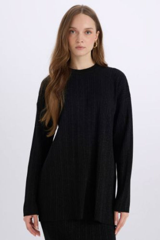 Relax Fit Bisiklet Yaka Basic Duz Triko Kazak Tunik