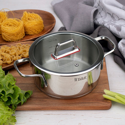 Кастрюля из нержавеющей стали "Tendency" 2л, д18см, h8,8см, s0,6мм, дно s2,8мм, плоская стеклянная жаропрочная крышка, пароотвод, стальной обод, капсулированное дно, прутковые ручки из нержавеющей стали на точечной сварке, полировка снаружи - зеркаль