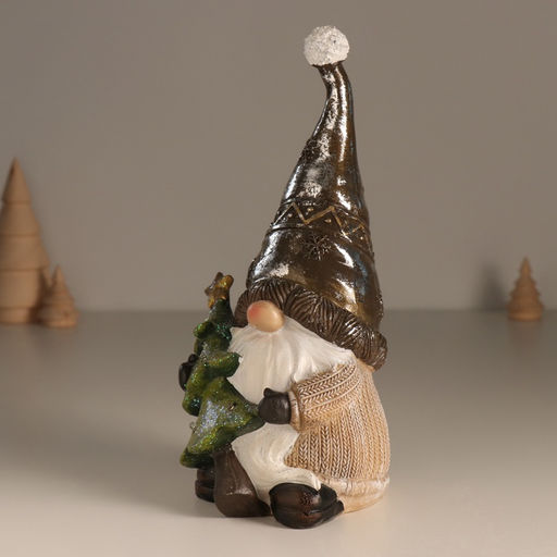 Фигурка светящаяся полистоун «Дед Мороз в колпаке, с ёлкой», беж и шоколад, 10.5×10.5×22 см