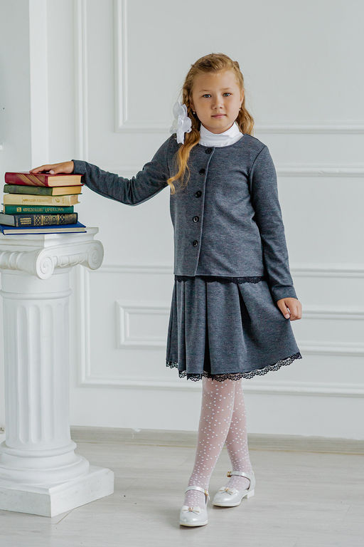 Жакет детский школьный из милано серый на пуговицах с кружевом Dress Code - Амадэль фото 2