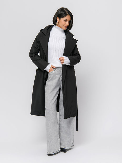 Плащ черного цвета с поясом и отложным воротником - 1001dress фото 2