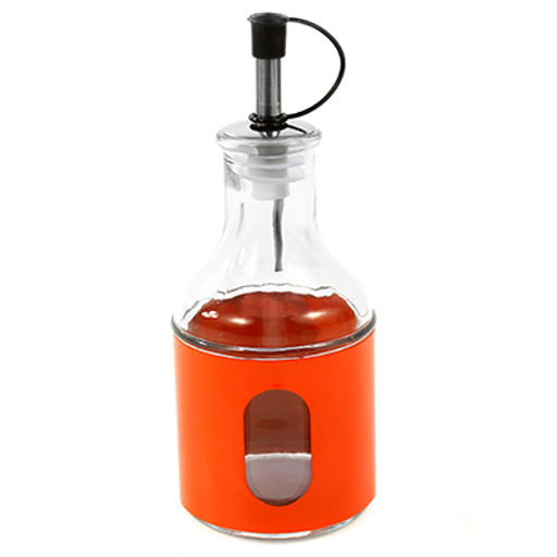 Бутылка для масла стеклянная В юбке 200мл, д6,5см, h16см, дозатор из нержавеющей стали, в металлической оплетке, микс цвета, цветная коробка (Китай)