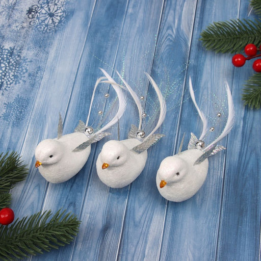 Ёлочные игрушки 3 шт. Зимнее волшебство. Маленькая птичка пластик, 511.5 см, белый  фото 2