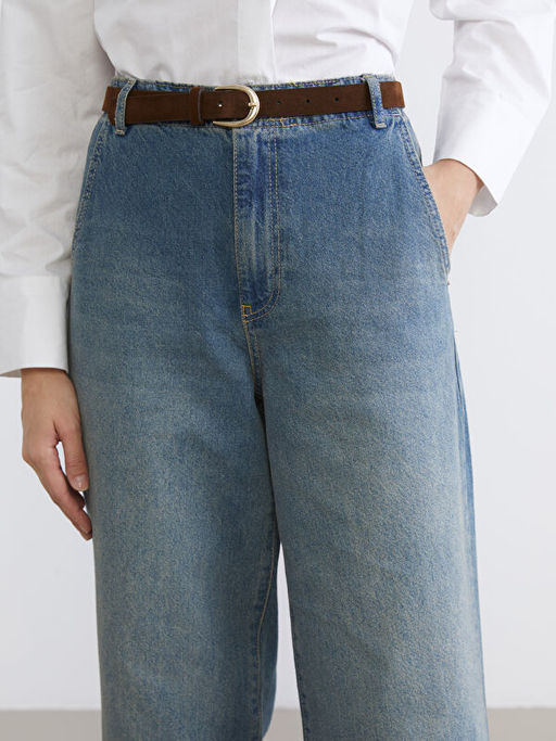 Beli Kemerli Wideleg Kad?n Jean Pantolon