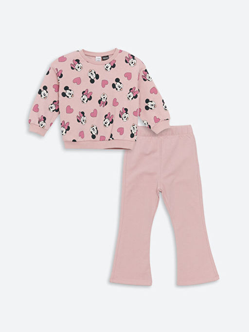 Bisiklet Yaka Minnie Mouse Bask?l? K?z ?ocuk Sweatshirt ve Tayt 2li Tak?m