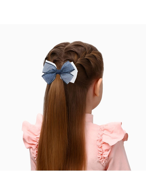 Цена за 6 шт. Бант для волос на резинке «Школьница», двойной, блеск, 7 см, сине-белый