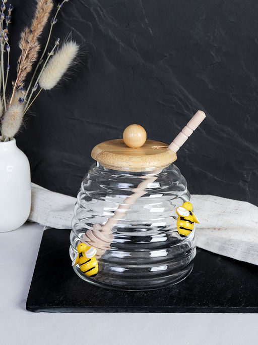 Банка для меда с ложкой на подставке бамбуковая крышка Пчелка / 9664 /уп 100/ - Галеонтрейд фото 3