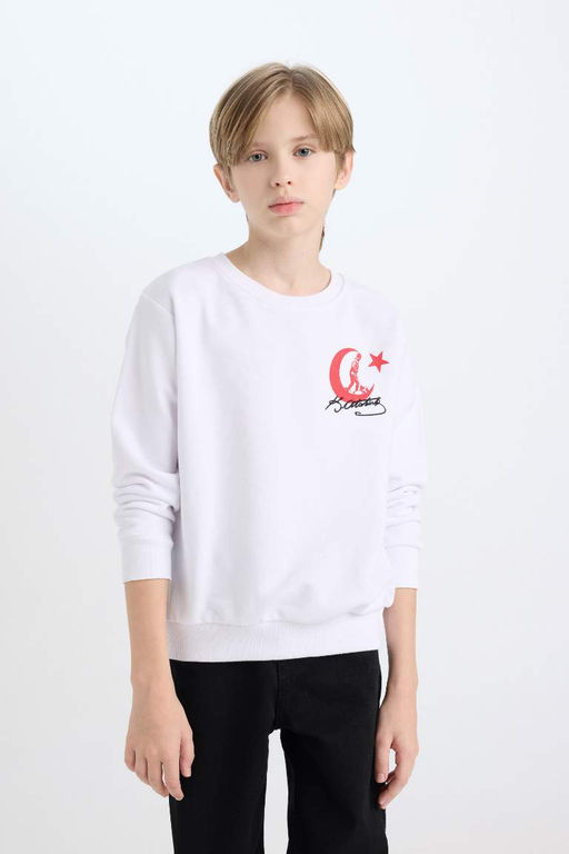 Белый свитшот с круглым вырезом стандартного кроя для мальчиков с принтом Ататюрка и вышивкой - Defacto фото 5