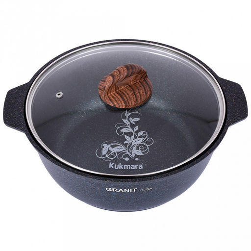 Кастрюля с антипригарным покрытием 4л, д29см "Granit Ultra", h11см, стеклянная жаропрочная крышка, ручка из термостойкого пластика, голубой гранит (Россия) - можно использовать металлические кухонные принадлежности