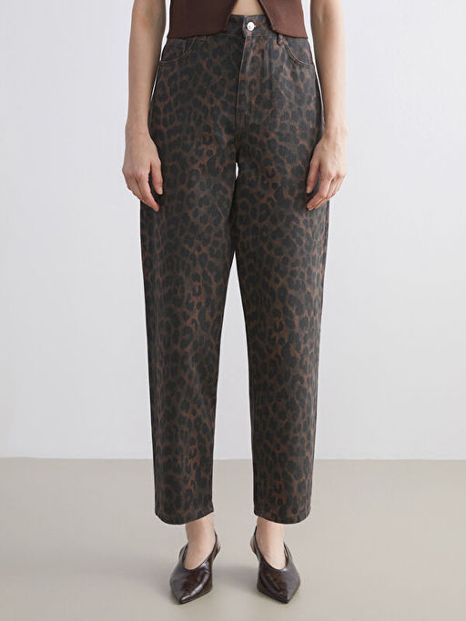 Baggy Fit Leopar Desenli Kad?n Jean Pantolon
