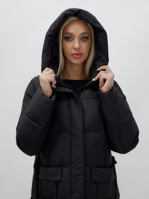 Пальто утепленное стеганное зимнее с капюшоном женское черного цвета 9609Ch - Mtforce фото 7