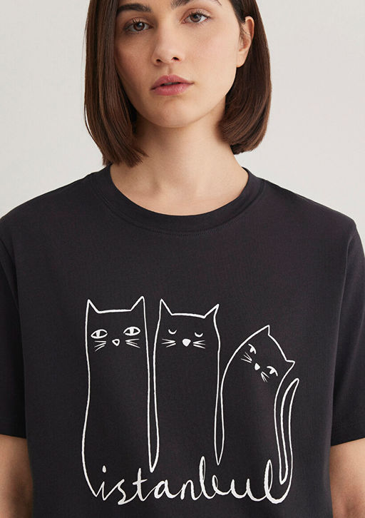 Kedi Bask?l? Gri Istanbul Tisort - Mavi фото 5