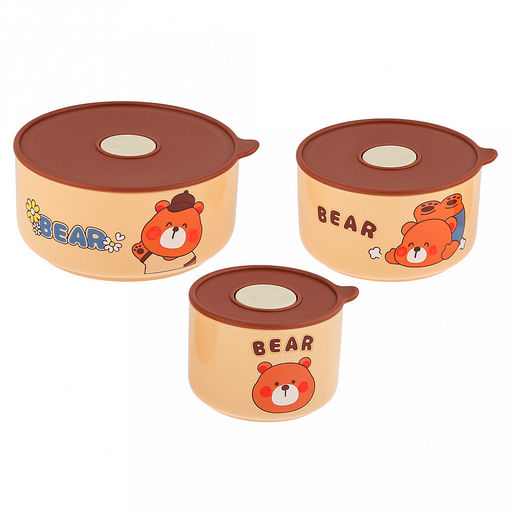 Три медведя Салатник-контейнер фарфоровый, набор 3 штуки: 300мл, д9,3х6,8см; 580мл, д12,6х7,1см; 820мл д14,9х7,3см, цветной, цвет - карамельный, пластмассовая крышка, герметичная, с пароотводом, в подарочной коробке (Китай) - Домашняя мода фото 3