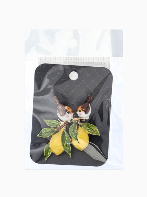 Брошь "Воробьи на ветке лимона", цветная в золоте